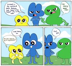 two cartoon characters talking to each other in front of a blue and yellow character with speech bubbles