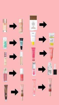 a pink background with several different types of beauty products and arrows pointing to the top