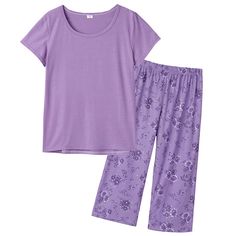 PRICES MAY VARY. Material: This capri pants pajamas set made of polyester.The fabric is stretchy, soft, lightweight and breathable,it makes you comfortable in the lounge and sleeping time Feature: 2 piece sleepwear set style : Womens pajamas set top features round neck, short sleeve,simple solid color pullover T-shirt top.Bottoms capri pants with elastic waistband and floral print,casual pjs set for a relaxing day or night Best Gift: This comfortable pajamas set is the perfect gift for your mom, Casual Pjs, Pjs Set, Fav Movie, Cute Pajama Sets, Purple Tee, Comfortable Pajamas, Floral Pajamas, Life Rules, Cute Pajamas