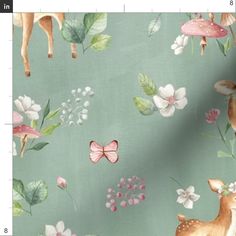 a green background with deer and flowers on it