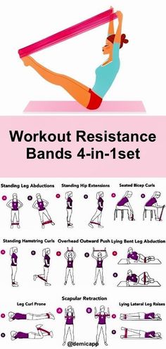 a woman doing exercises with the words workout resistance bands 4 - in - 1 set