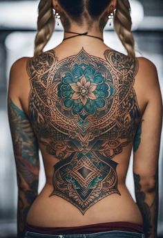 the back of a woman's body with tattoos on her upper and lower half