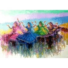 an artistic painting of women dancing in colorful dresses