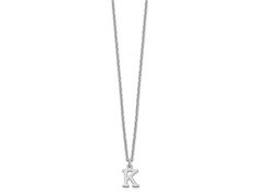 Rhodium over sterling silver cut-out letter "K" initial necklace with polished finish and lobster claw clasp. Chain measures approximately 18"L x 1/16"W, charm measures 7/16"L x 1/4"W. Silver K Necklace, K Necklace Letter, K Initial Necklace, K Initial, K Necklace, Cut Out Letters, Letter K, Vision Boards, My Bf