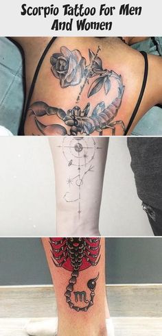 three different tattoos that are on the legs and one has a scorpion tattoo for men and women