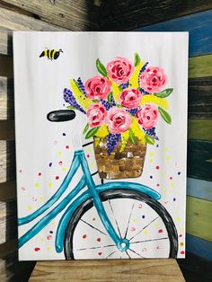 a painting of a bicycle with flowers in the basket