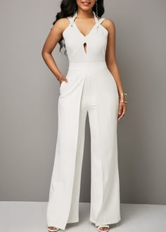 Solid White Overlap Open Back Jumpsuit | Rosewe.com - USD $38.02 White Jumpsuits, Jump Suits, Trendy Jumpsuit, Rompers Online, Fashion Bottoms, Jumpsuits And Romper, White Jumpsuit, White Party, White Outfits