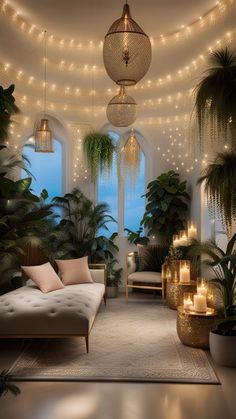 a living room filled with lots of plants and lit up lights hanging from the ceiling