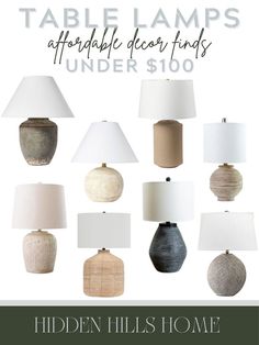 an advertisement for the hidden hills home show featuring lamps in shades of gray and white