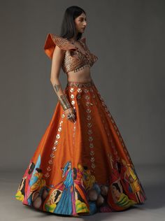 FFeaturing Modern Baraat Lehnga in Orange. Comes with a winged blouse and mirror scalloped dupatta Lining Material: Crepe 30 days Delivery Lehenga Pattern, Hand Painted Dress, Traditional Indian Dress, Gaun Fashion, Choli Designs, Red Lehenga