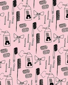 a pink background with black and white doodles on toothbrushes, combs and jars