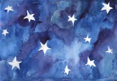 watercolor painting of white stars against a blue and purple sky with dark clouds in the background