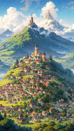 a painting of a town on top of a mountain