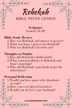 the bible study lesson for children with pink background and white lettering, which reads rebekah bible study lesson