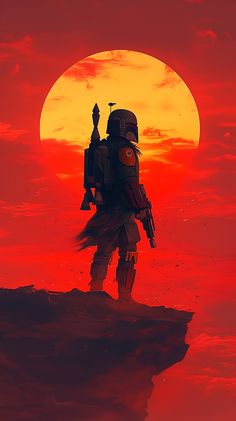 a star wars character standing on top of a hill in front of an orange and red sunset