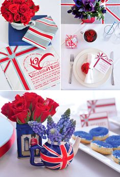 red, white and blue decorations are on display at the table for guests to eat