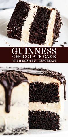 a slice of guinness chocolate cake with irish buttercream is on a white plate