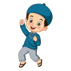 a little boy is running with his hands in the air while wearing a blue hat