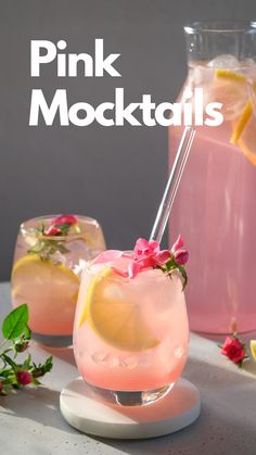 pink mocko cocktails with lemon and rose garnish