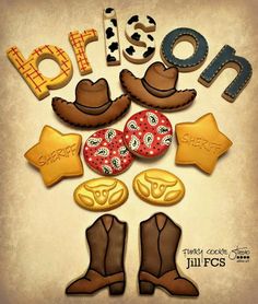 some cookies are arranged in the shape of cowboy boots and western themed hats, with words born on them