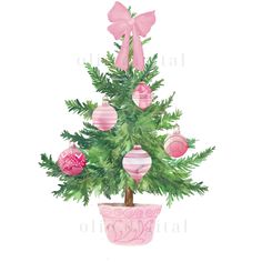 a christmas tree with ornaments in a pink pot and ribbon on it's top