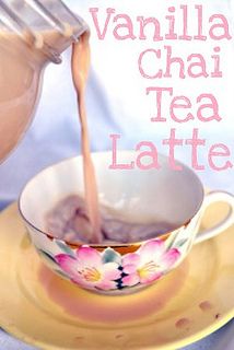 a person pouring tea into a cup on top of a yellow saucer with the words vanilla chai tea latte