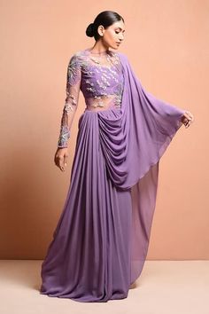 Embellished Saree, Saree Gowns, Lavender Fabric, Resham Work, Crystals Beads, Saree Gown