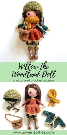 the doll is made from crocheted yarn and has two different outfits on it