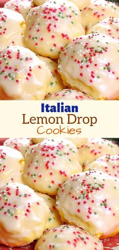 italian lemon drop cookies with white icing and sprinkles on top are shown