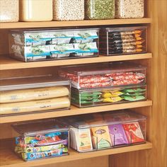 the shelves are filled with various food items