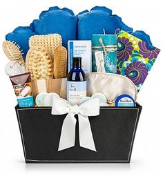 a blue gift basket filled with personal care items