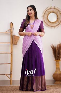 Half Saree Cotton, Lavender Lehenga Combination, Georgette Half Saree Designs, Half Saree Combinations, Lavender Half Saree, Simple Half Saree Designs, Half Saree Models, Georgette Half Saree, Purple Half Saree