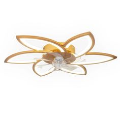 a ceiling light that is gold and has white flowers on the top, with one flower at the bottom