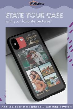 an iphone case with pictures on it and the text state your case with your favorite pictures