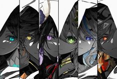 four anime characters with different colored eyes