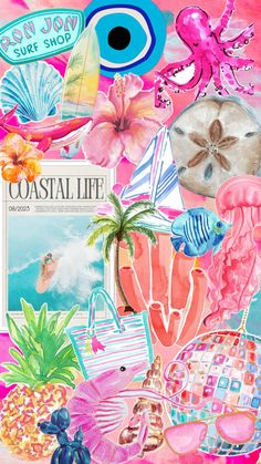 a collage of pink and blue items on a pink background with the words coastal life