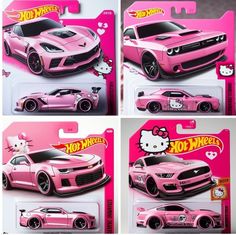 the pink car has hello kitty on it's hood and is in four different pictures