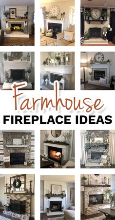 a collage of fireplaces and couches with the words farmhousee fireplace ideas