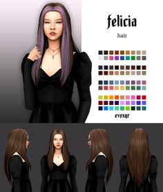 an animation image of a woman with long purple hair and black dress, standing in front of