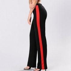 Fashion Nova Black Pants With Red Stripes On The Side Tag Is Dark Because It Has Been In Storage For A While. Brand New With Tag Hot Pink Fashion, Versace Print, Snake Print Pants, Fashion Nova Jumpsuit, 80 Fashion, High Waisted Dress Pants, Tie Dye Pants, Diva Style, Metallic Pants