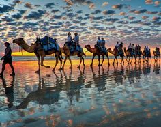 a group of people riding on the backs of camels across a body of water