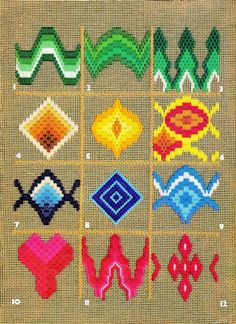 a cross stitch pattern with different designs on it