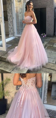 Sexy Blush Pink Sweetheart Strapless Lace Top Lace-up Back A-line Long – SposaBridal Sweet 16 Pink Dress, Light Pink Prom Dress, Deb Dresses, Prom Dress Inspiration, Cute Prom Dresses, Pretty Prom Dresses, Grad Dresses