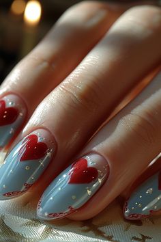 Valentines Day Nails 2024 Blue Valentine Nails Design, Nails Red And Blue, Red And Baby Blue Nails, Light Blue And Red Nails, Blue Valentine’s Day Nails, Blue Nails With Heart, Blue Valentines Nails, Heart Nail Art Designs, Blue And Red Nails Designs