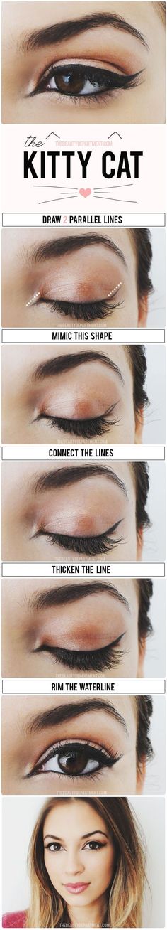 Extend a cat eye toward your inner corner for the ~kitty~ eye. | 17 Insanely Beautiful Makeup Looks That Aren't Just Another Smokey Eye Eyeliner Glitter, Winged Eyeliner Tutorial, Eyeliner Tips, Cat Eye Makeup, Smink Inspiration, Beauty Make-up, Make Up Tutorials, Makijaż Smokey Eye, The Beauty Department