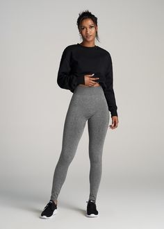 About Our Extra-Long Women’s Leggings These tall leggings will help you take your workout to the next level. Finding leggings that are long enough can be a struggle, which is why we set out to design leggings for tall women between 5’9” and 6’6”. All of our legging styles have extra-long inseams that will go all the way to your ankles and this pair is no exception. They’re super long and are designed to help you maximize your sweat sesh, made of a four-way stretch material that moves better in e Gym Outfits, Leggings Outfit Workout, Grey Leggings Outfit, Black Leggings Style, Tall Leggings, Women In Black, Gray Leggings, School Clothes, Vacation Outfit