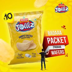 a bag of potato chips with the word jolliz written on it and a man standing next to it