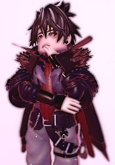 an anime character is dressed in black and red