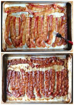 two pans filled with bacon sitting next to each other