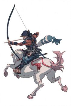 a drawing of a man on a horse with a bow and arrow in his hand